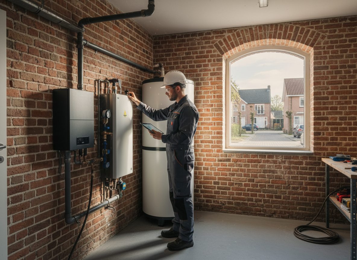 Airconditioning installatie bij bakstenen woning in Vlaanderen