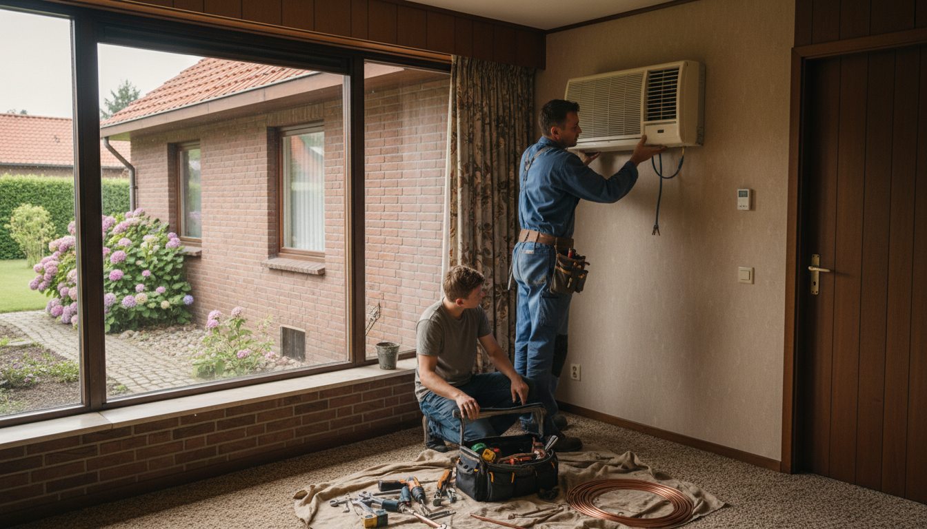 Airconditioning installatie bij bakstenen woning in Vlaanderen